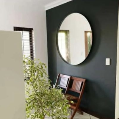Round black framed mirror on dark green accent wall — Mirror Art Gallery
